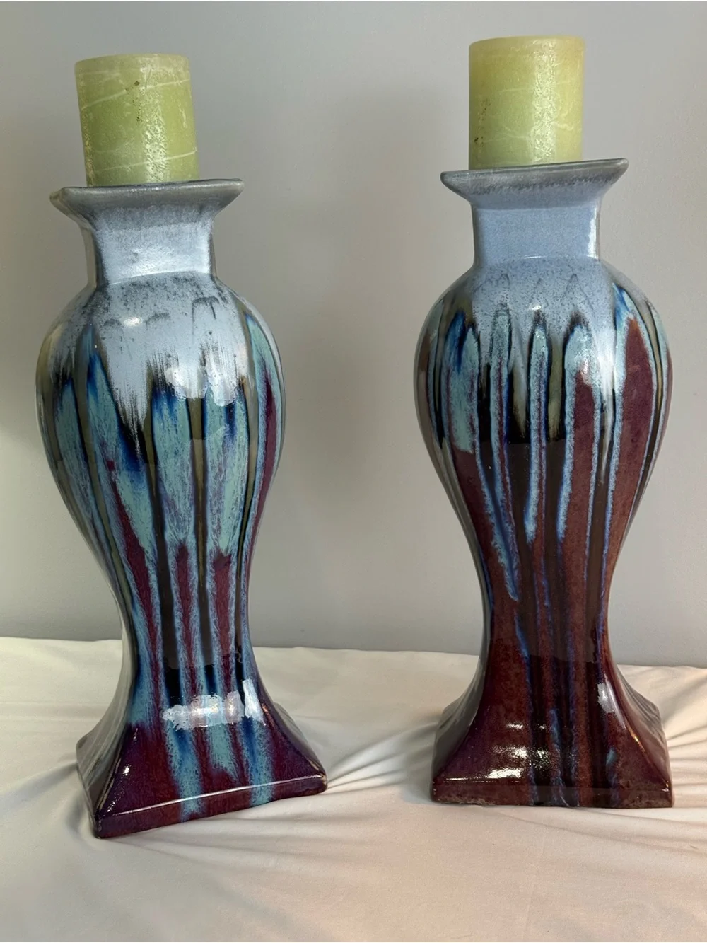 Vintage Pier One Pottery  Bohemian Pillar Candle Holders & Candles Drip Glaze